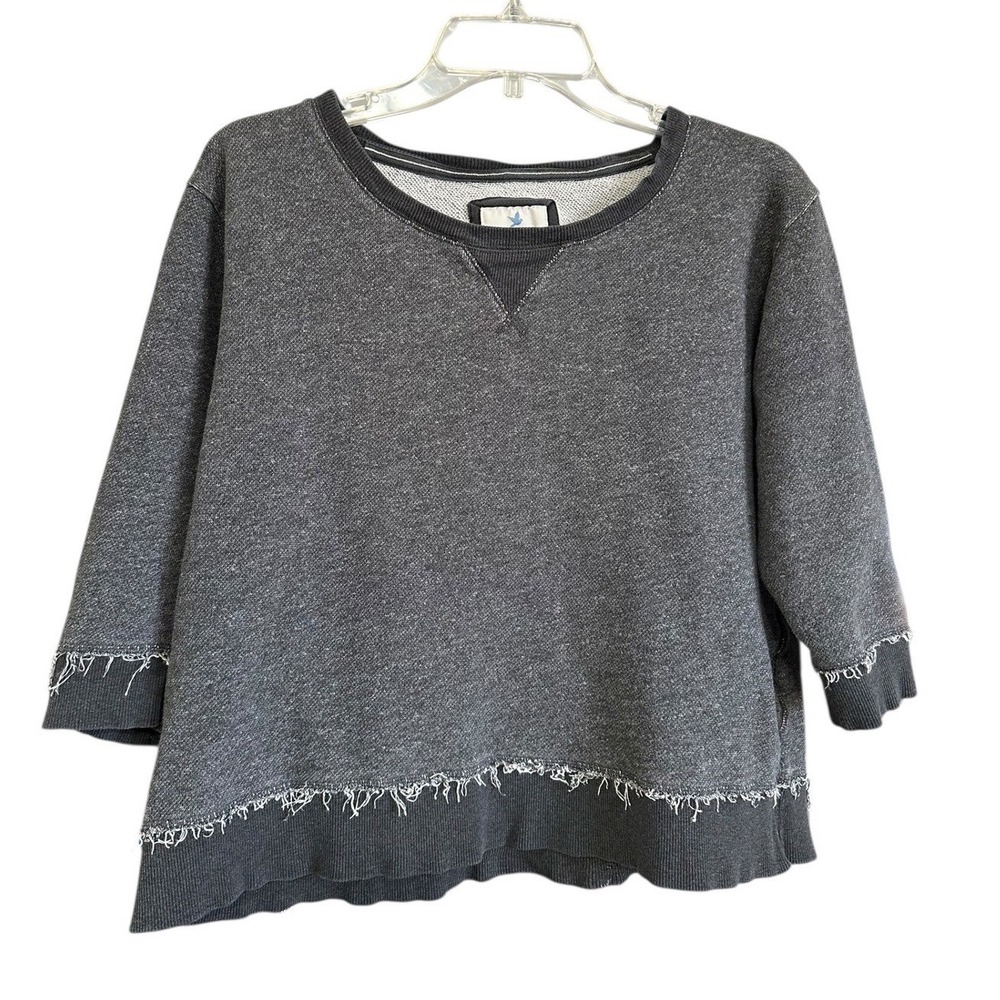 Aerie Women's Gray Distressed Raw Hem Crop Sweatshirt 3/4 Sleeve XL Grunge